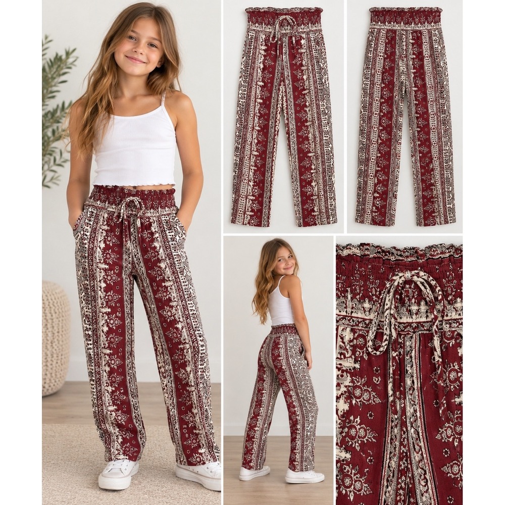 Kingston Grey Girls Small Burgundy Paisley Floral Smocked Waist Rayon Pants